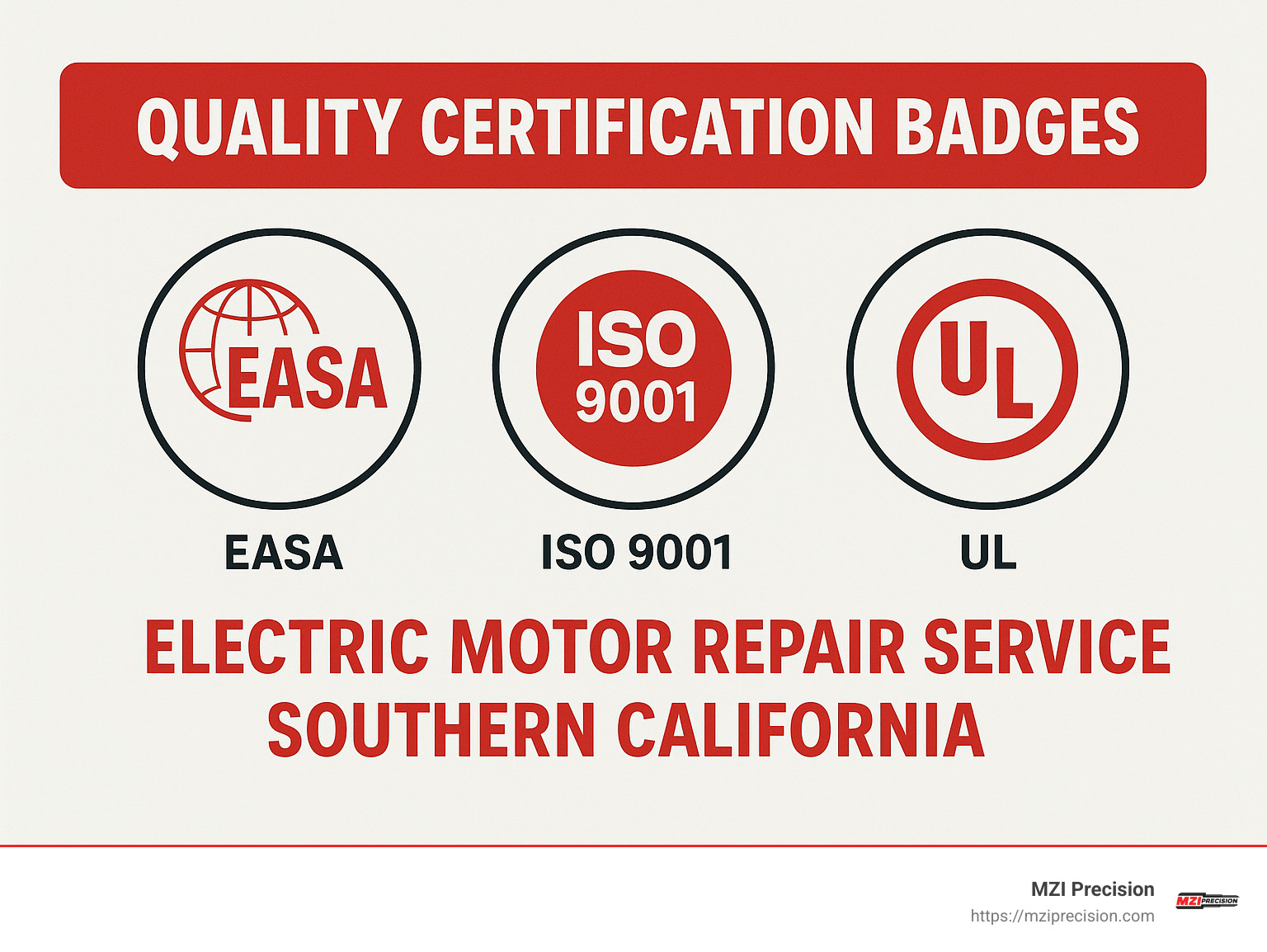 Quality certification badges showing EASA, ISO9001, and UL certifications - electric motor repair service southern california infographic