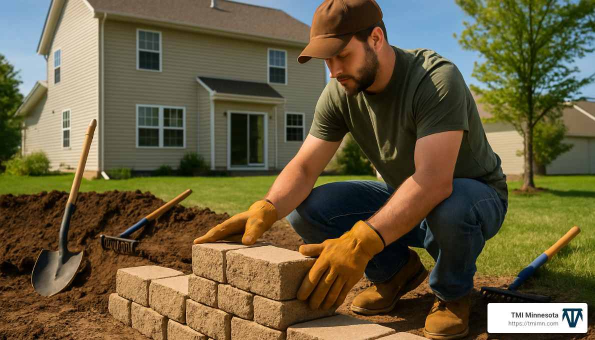 8970593becd6546908cfe8a2cccbfd6084c6dcb1 Retaining Wall Services: Support Your Landscape Retaining wall design services for safety, curb appeal, and erosion control. Learn costs, options, code tips, and expert engineering. homeowner installing small block retaining wall - Retaining wall design services