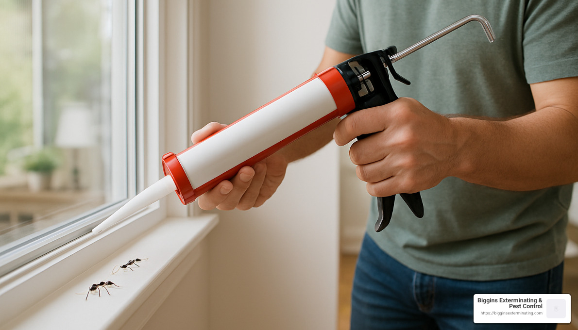 Homeowner sealing window frame to prevent ant entry - House Ant Exterminator