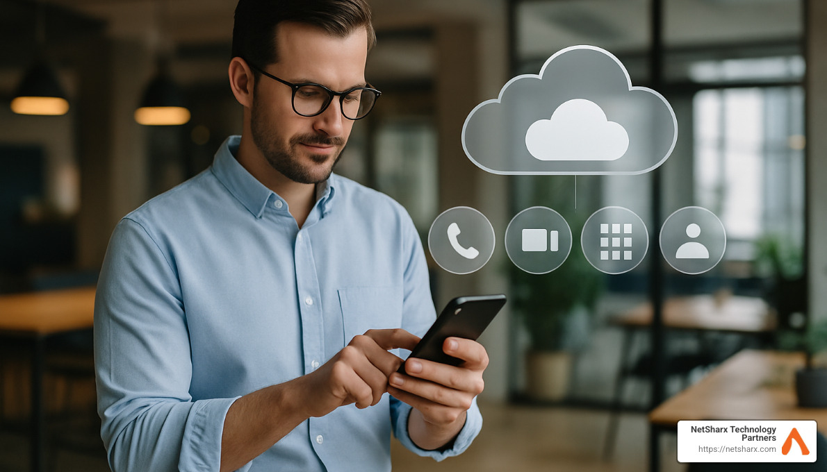 Entrepreneur using cloud phone system on smartphone - best cloud phone system