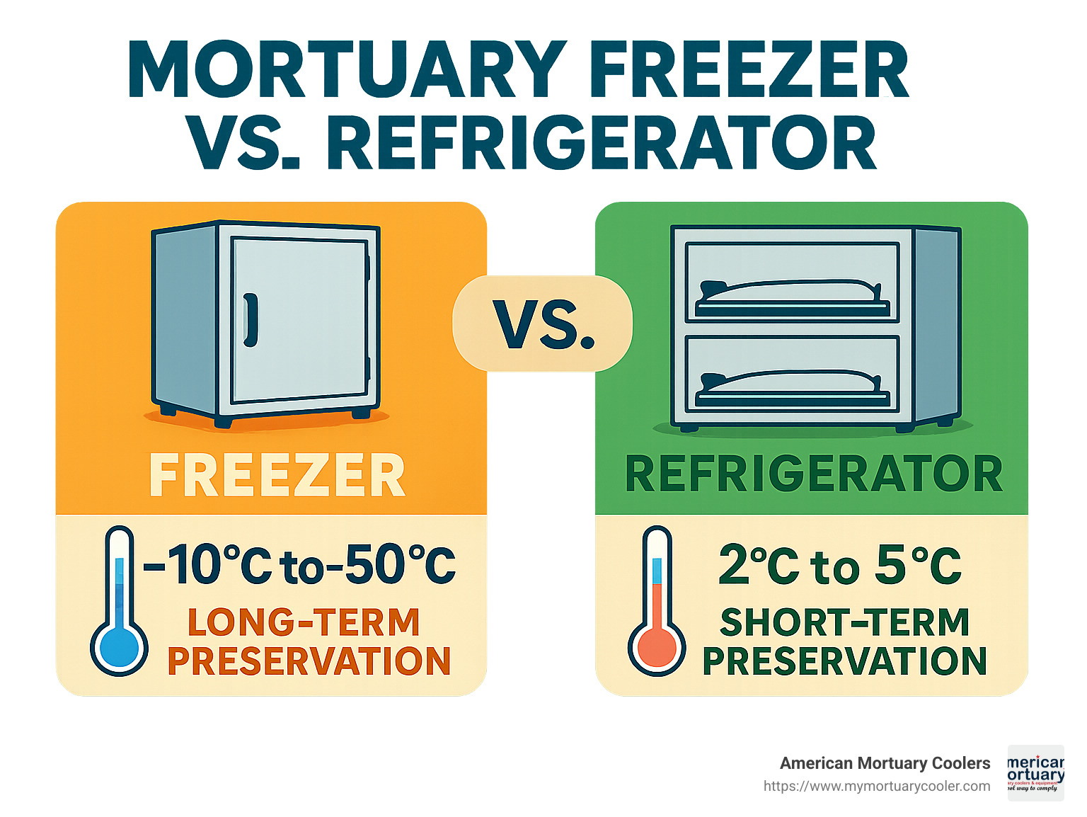 Comparison of mortuary freezer vs. refrigerator temperatures and preservation capabilities, showing freezer temperatures between -10°C and -50°C for long-term preservation versus refrigerator temperatures of 2°C to 5°C for short-term preservation - mortuary freezer infographic 