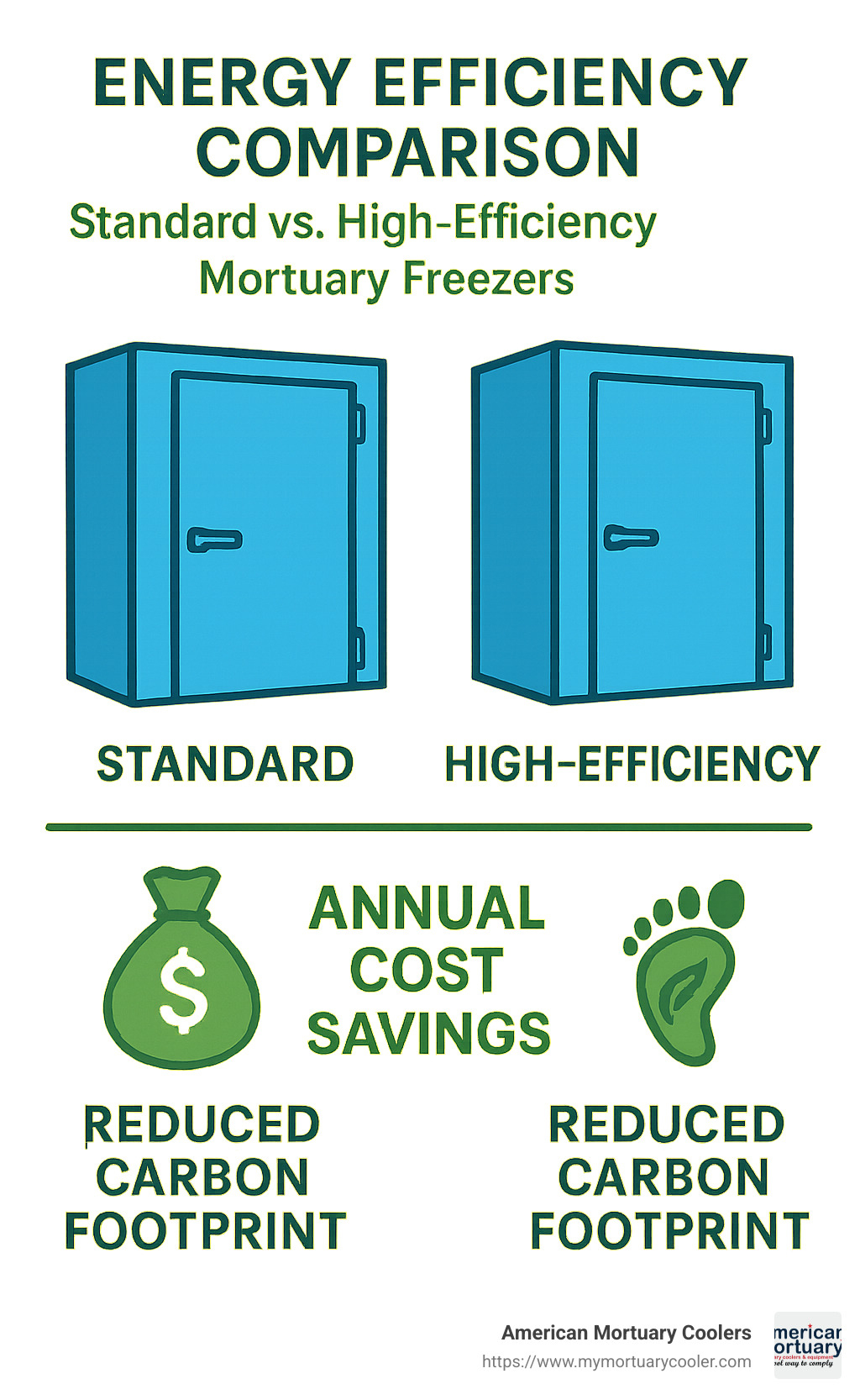 Energy efficiency comparison chart for standard vs. high-efficiency mortuary freezers, showing annual cost savings and reduced carbon footprint - mortuary freezer infographic 