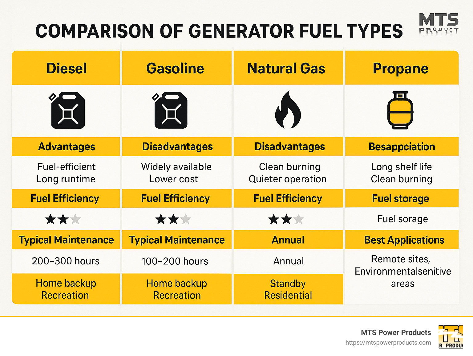 Comparison of generator fuel types showing diesel, gasoline, natural gas, and propane with their respective advantages, disadvantages, fuel efficiency ratings, typical maintenance intervals, and best applications - used gen sets for sale infographic 