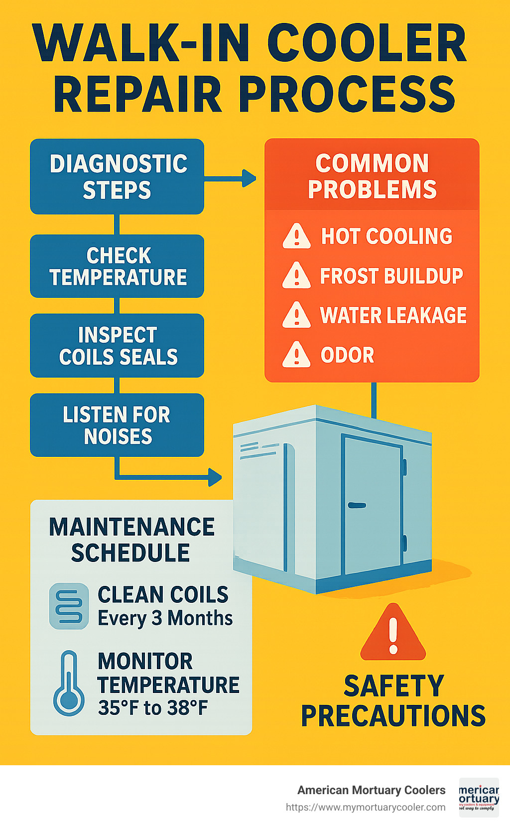 Walk-in cooler repair process flowchart showing diagnostic steps, common problems, and maintenance schedule with temperature guidelines and safety precautions - walk in cooler repair infographic