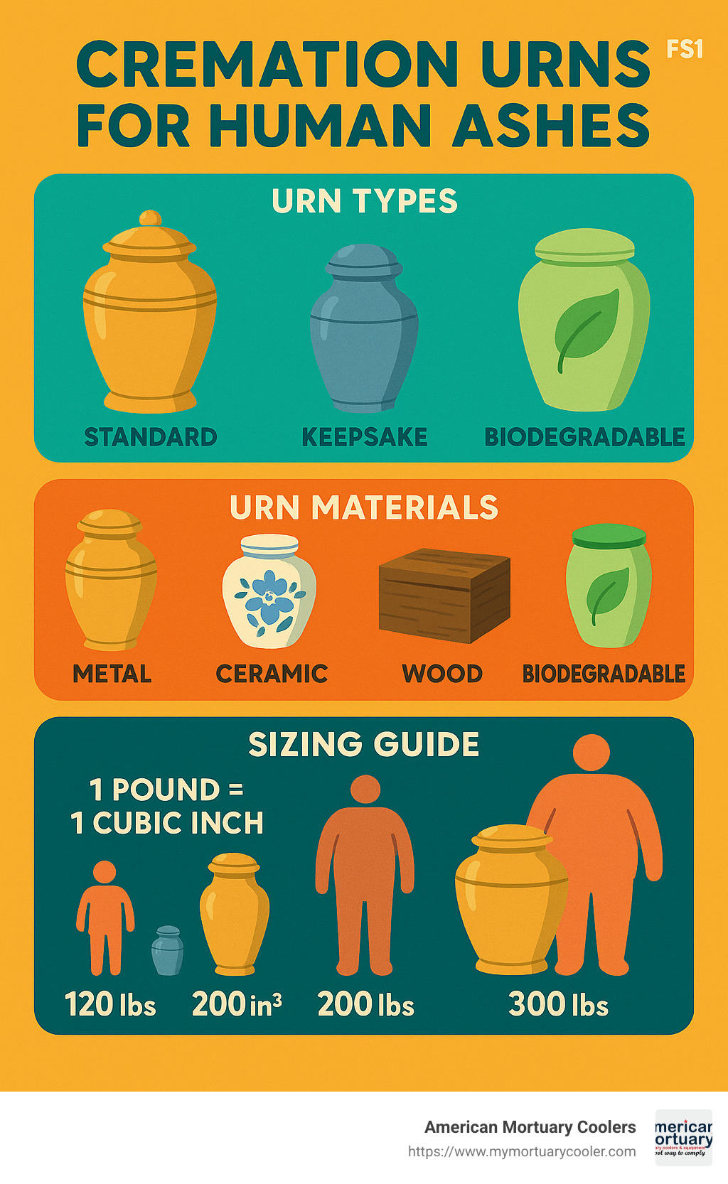 Infographic showing cremation urn types, materials, and sizing guide with the 1 pound = 1 cubic inch rule and examples of how different sized urns accommodate remains - cremation urns for human ashes infographic 