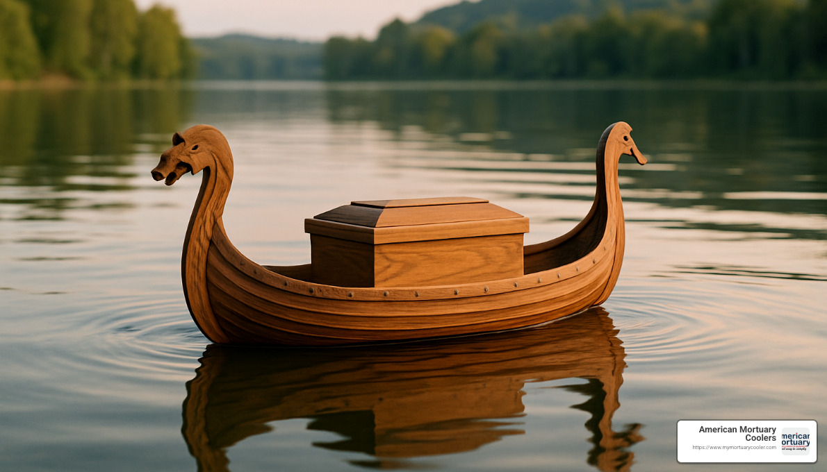 wooden viking longboat ceremonial urn on water - cremation urns for human ashes