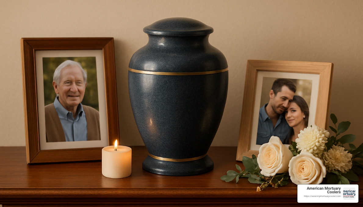 cremation urn display in home setting with memorial items - cremation urns for human ashes