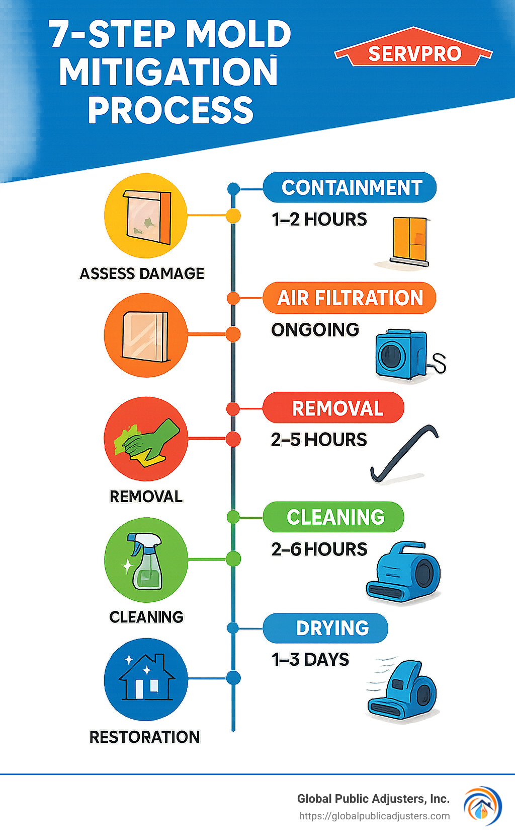 7-step mold mitigation process showing inspection, containment, air filtration, removal, cleaning, drying, and restoration with corresponding timeline and equipment needed for each stage - mold mitigation near me infographic 