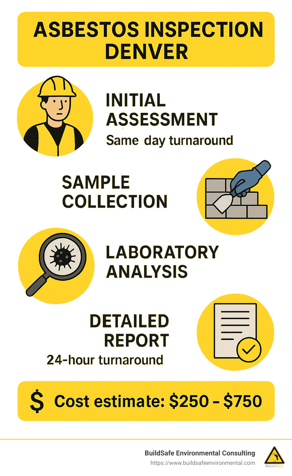 Step-by-step asbestos inspection process showing initial assessment, sample collection, laboratory analysis, and detailed reporting with turnaround times and cost estimates for Denver properties - asbestos inspection denver infographic 