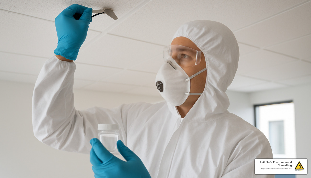 inspector collecting asbestos samples from ceiling material - asbestos inspection denver