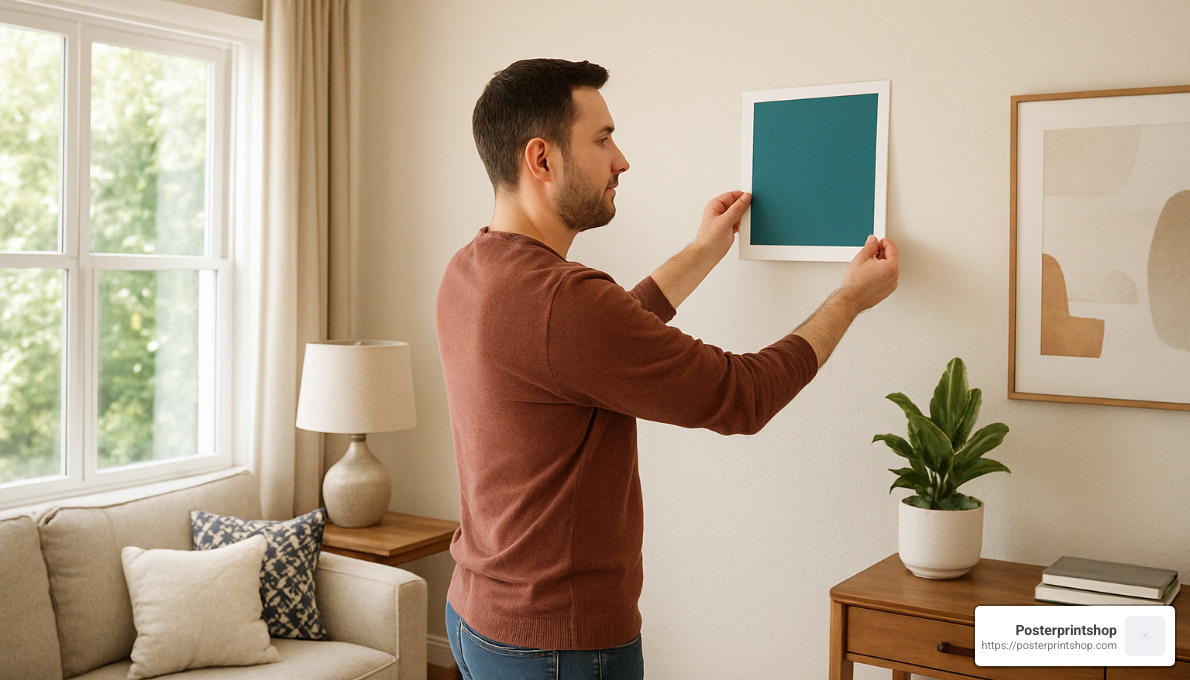 homeowner holding print sample against wall - room print colour