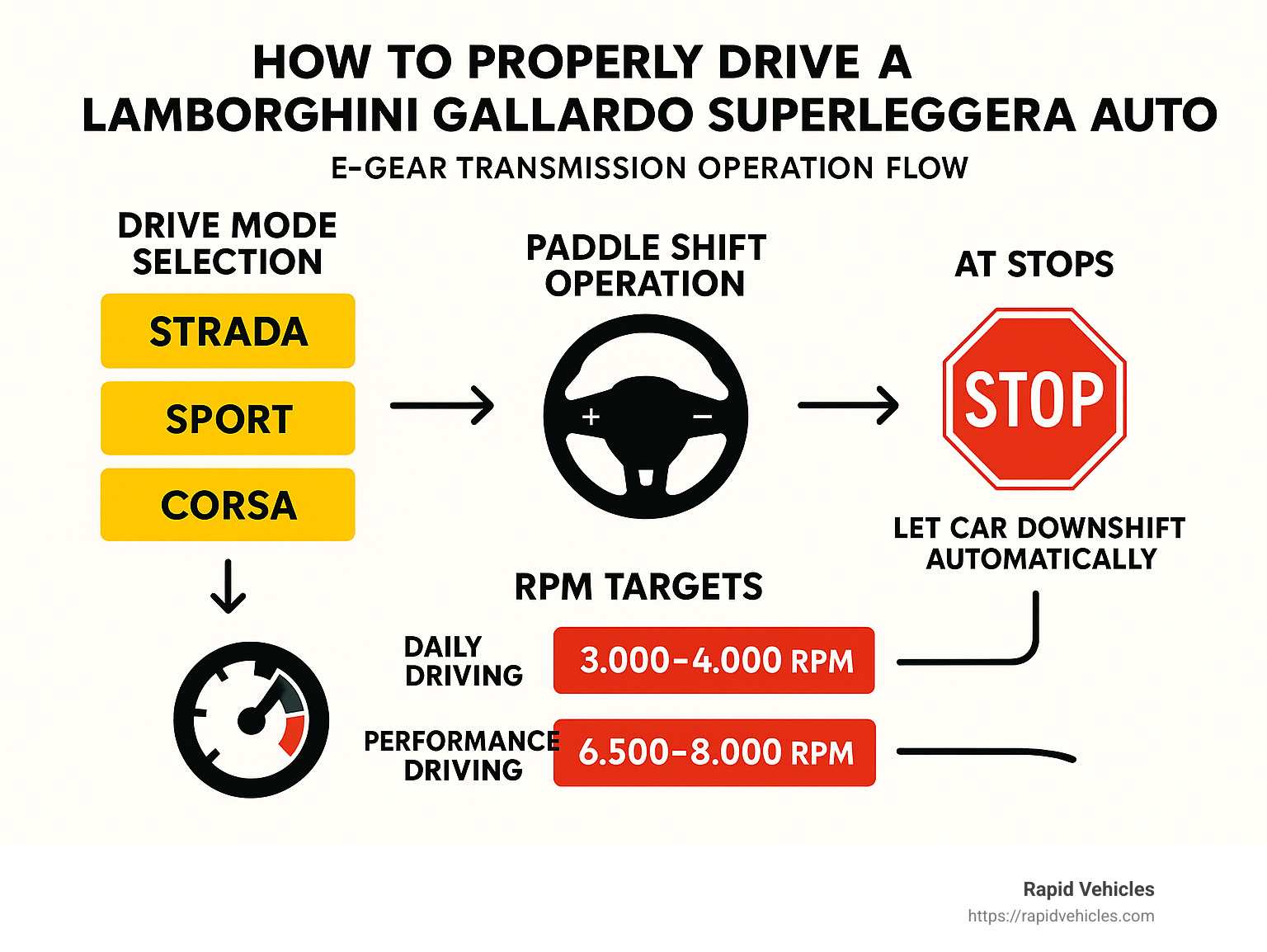 Lamborghini Gallardo Superleggera E-Gear Transmission Operation Flowchart showing drive mode selection (Strada, Sport, Corsa), paddle shift operation, RPM targets for daily vs. performance driving, and proper stopping techniques to reduce clutch wear - how to properly drive a lamborghini gallardo superleggera automatic infographic