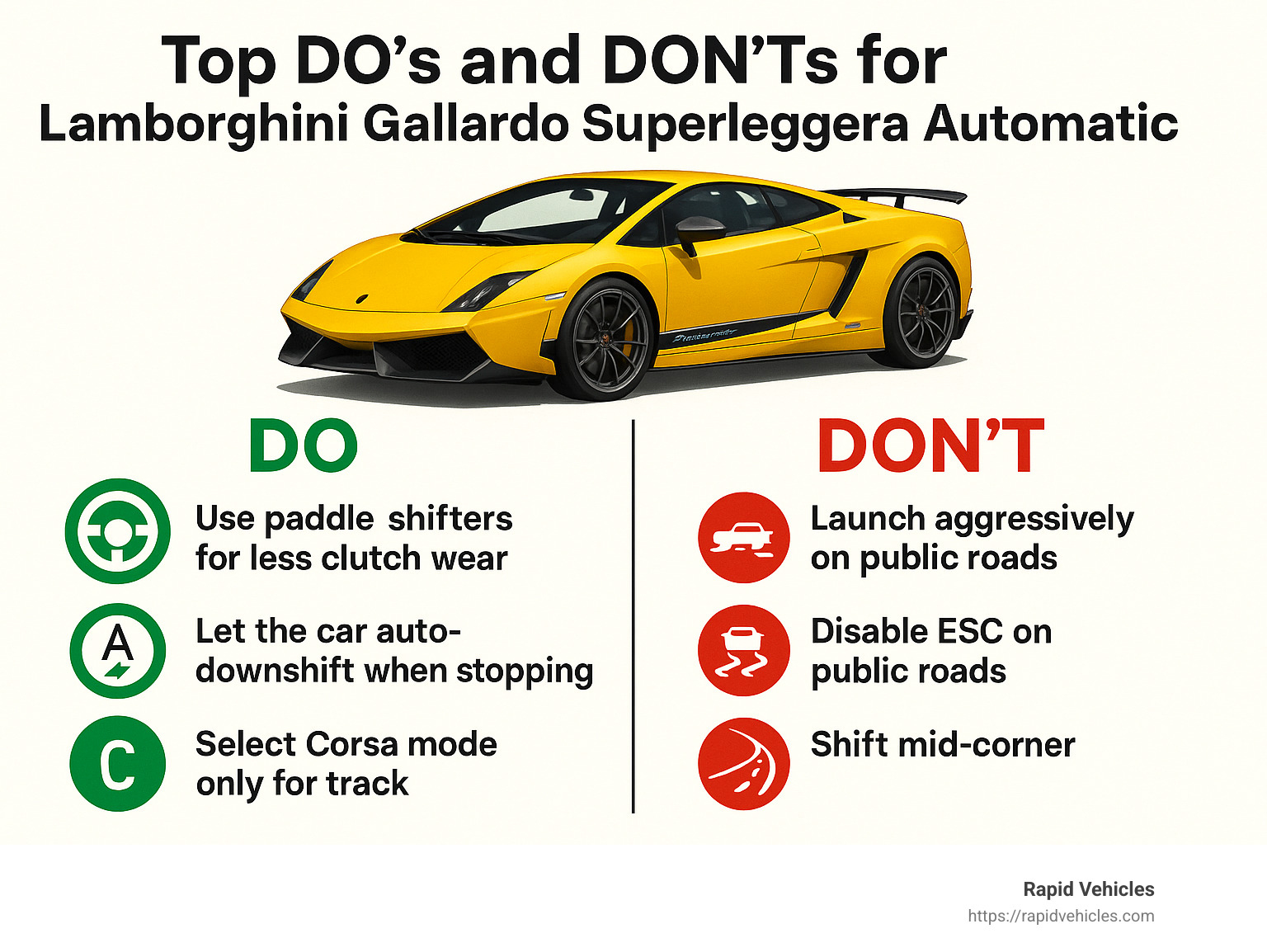 Top Do's and Don'ts for Lamborghini Gallardo Superleggera Automatic: DO use paddle shifters for less clutch wear, DO let the car auto-downshift when stopping, DO select Corsa mode only for track, DON'T launch aggressively on public roads, DON'T disable ESC on public roads, DON'T shift mid-corner - how to properly drive a lamborghini gallardo superleggera automatic infographic