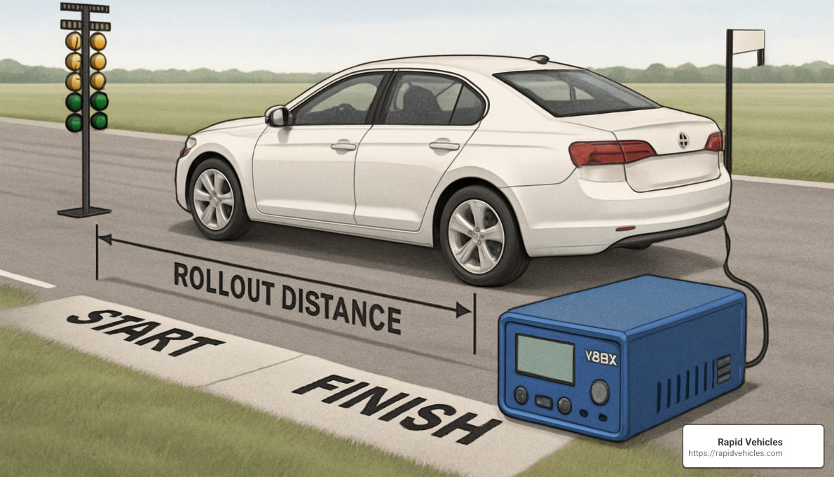 Diagram showing acceleration testing with timing lights, rollout distance, and measurement equipment - fastest production cars
