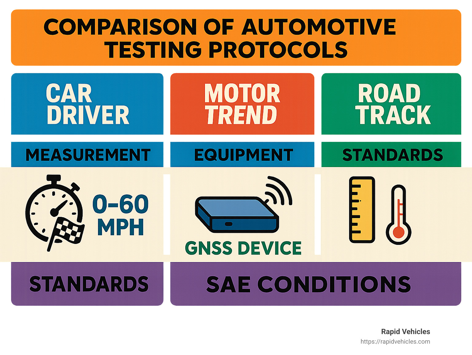 Comparison of testing protocols used by major automotive publications showing differences in measurement techniques, equipment, and standards - fastest production cars infographic
