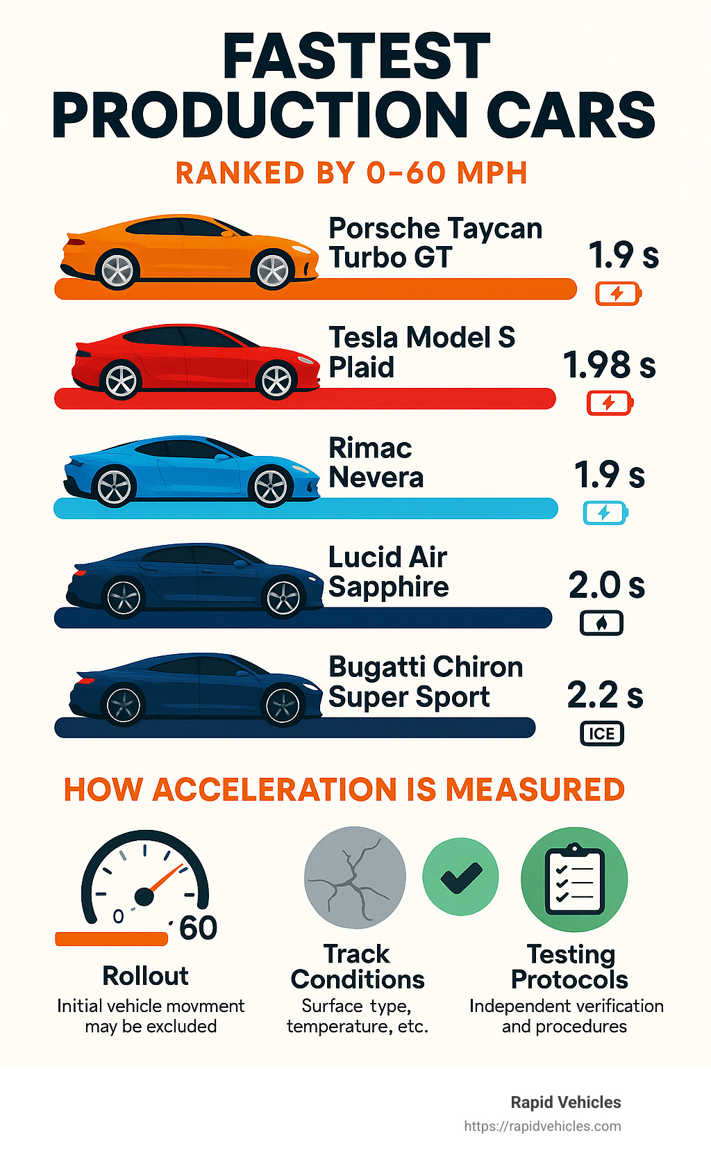 Infographic showing the fastest production cars ranked by 0-60 mph times, with vehicle silhouettes, acceleration times, propulsion types (electric, hybrid, ICE), and explanations of how acceleration is measured including rollout, track conditions, and testing protocols - fastest production cars infographic