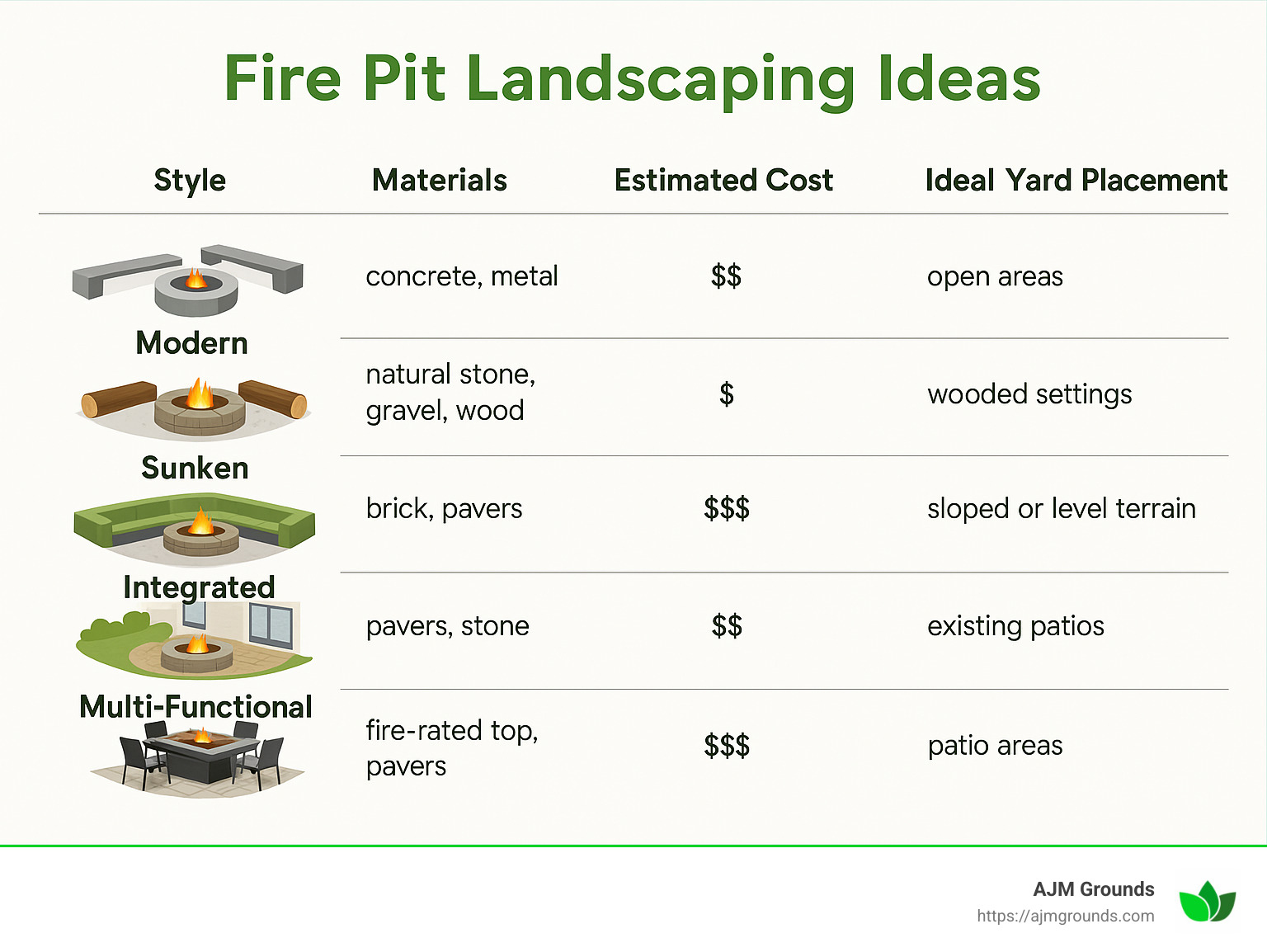 Fire pit landscaping ideas comparison showing different styles: modern, rustic, sunken, integrated, and multi-functional designs with materials, estimated costs, and ideal yard placement for each style - Fire pit landscaping ideas infographic 