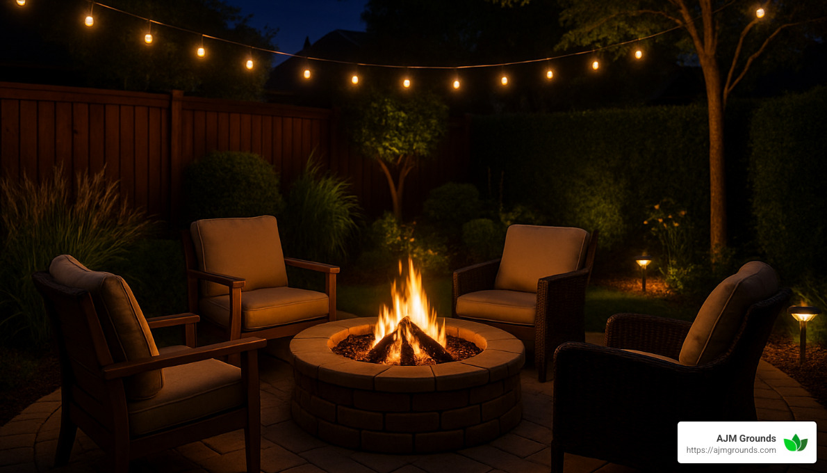 night lighting around fire pit - Fire pit landscaping ideas