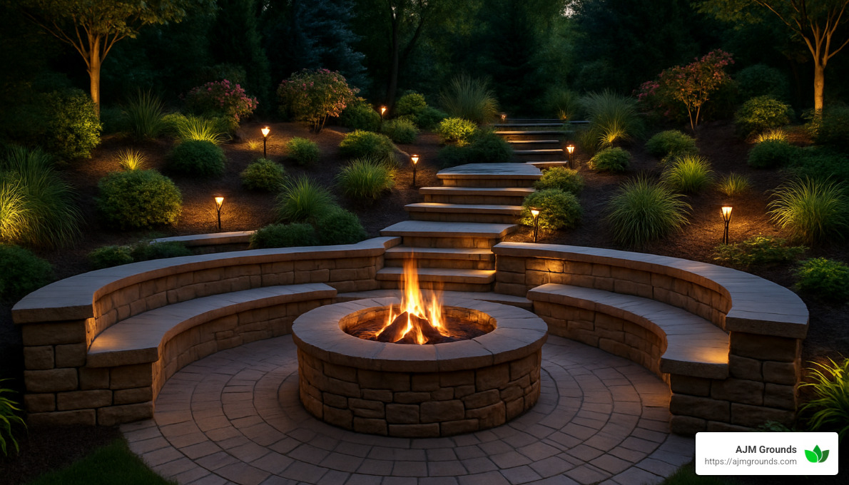 terraced backyard fire pit with stone seating - Fire pit landscaping ideas