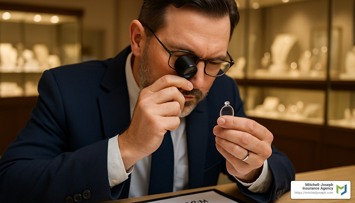 c56aad50eba9921d89f3dbfb62e40a5e11ca21b3 Engagement Ring Insurance: How to Find the Best Quotes Compare Engagement ring insurance quotes, learn coverage options, and get expert tips to protect your ring from loss, theft, or damage. Jeweler examining an engagement ring for an updated appraisal - Engagement ring insurance quotes