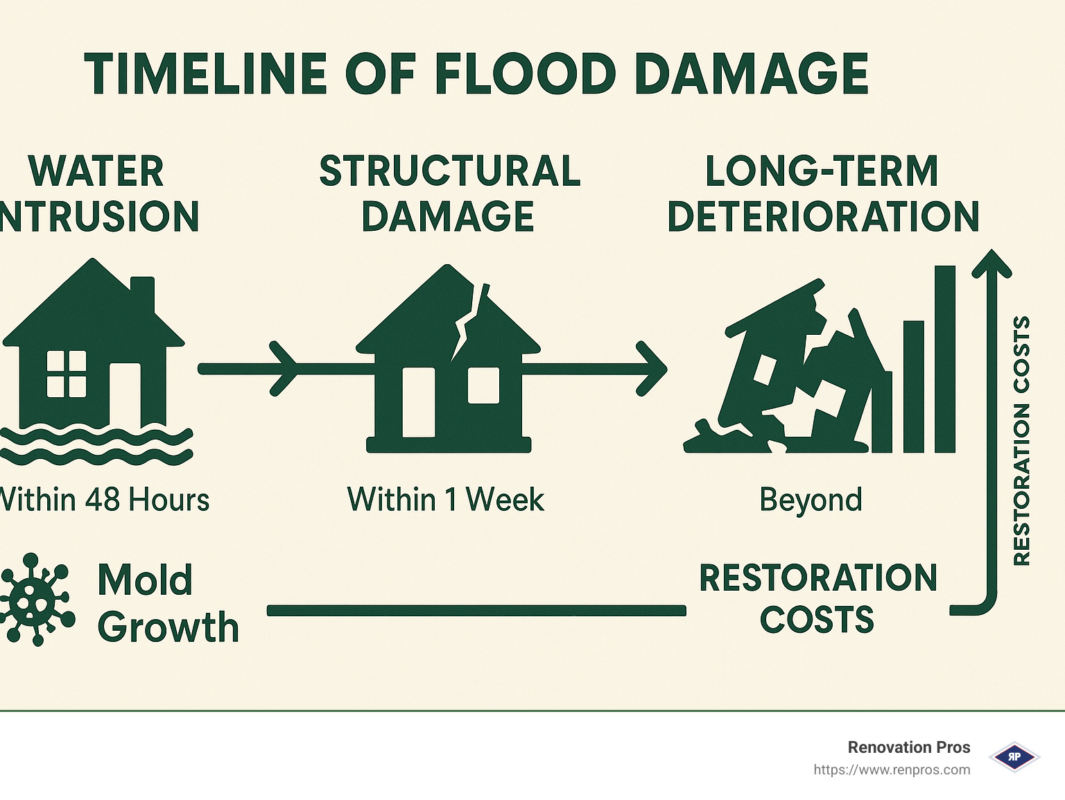 Timeline of flood damage showing progression from water intrusion to mold growth within 48 hours, structural damage within 1 week, and long-term deterioration beyond, with corresponding restoration costs increasing dramatically over time - flood damage restoration temecula infographic 