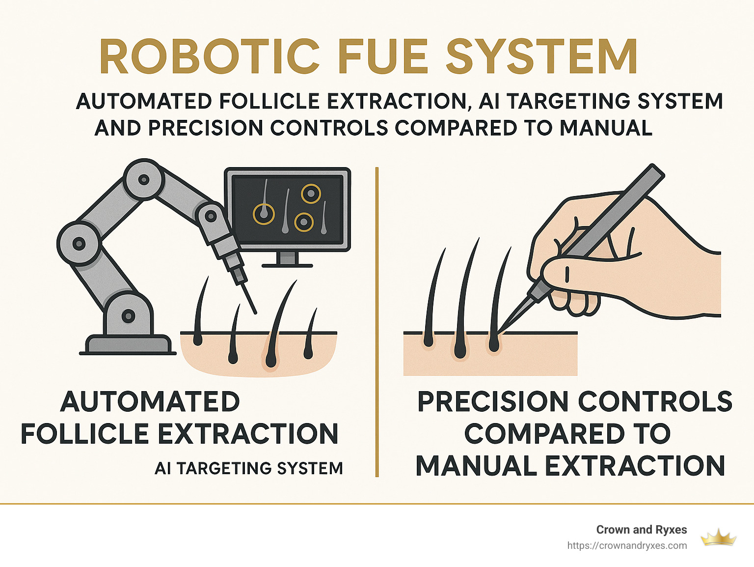 Robotic FUE system showing automated follicle extraction, AI targeting system, and precision controls compared to manual extraction - fue hair replacement infographic 