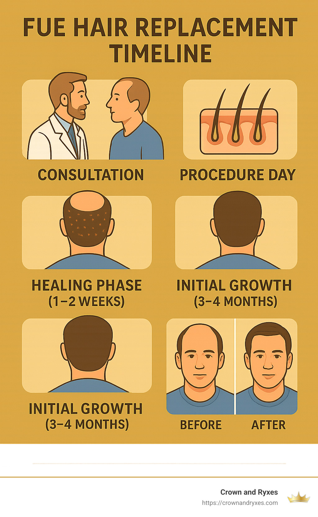 FUE Hair Replacement Timeline showing consultation, procedure day, healing phase (1-2 weeks), shedding phase (2-8 weeks), initial growth (3-4 months), and final results (12 months) with microscopic images of follicular units and before/after photos - fue hair replacement infographic 