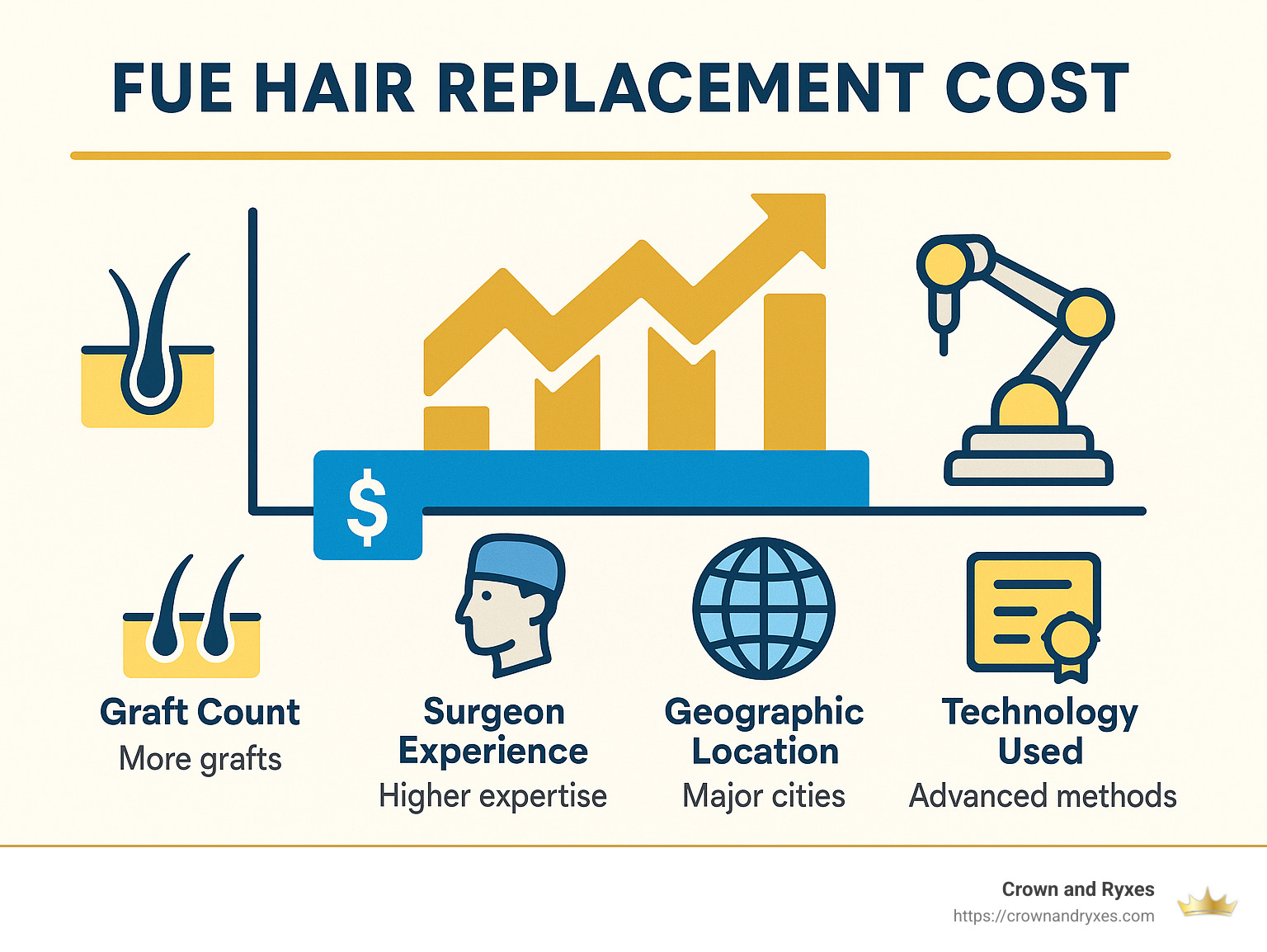 Cost comparison chart showing factors affecting FUE pricing including graft count, surgeon experience, geographic location, and technology used - fue hair replacement infographic 