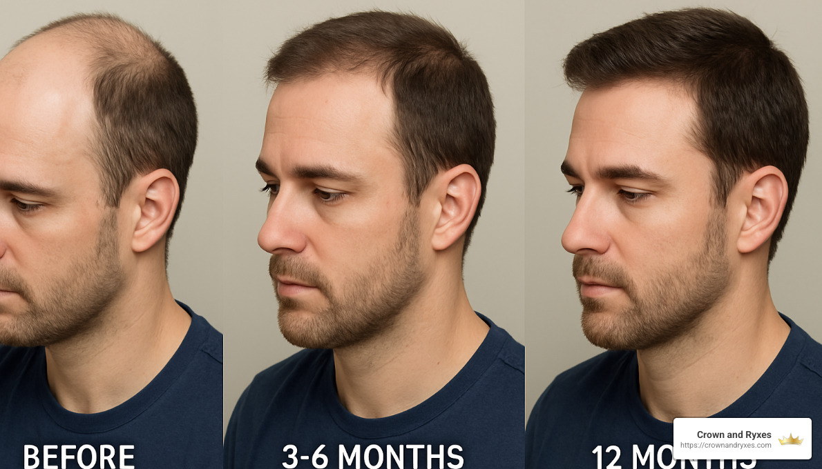 Before and after FUE hair replacement showing progressive growth at 3, 6, and 12 months - fue hair replacement