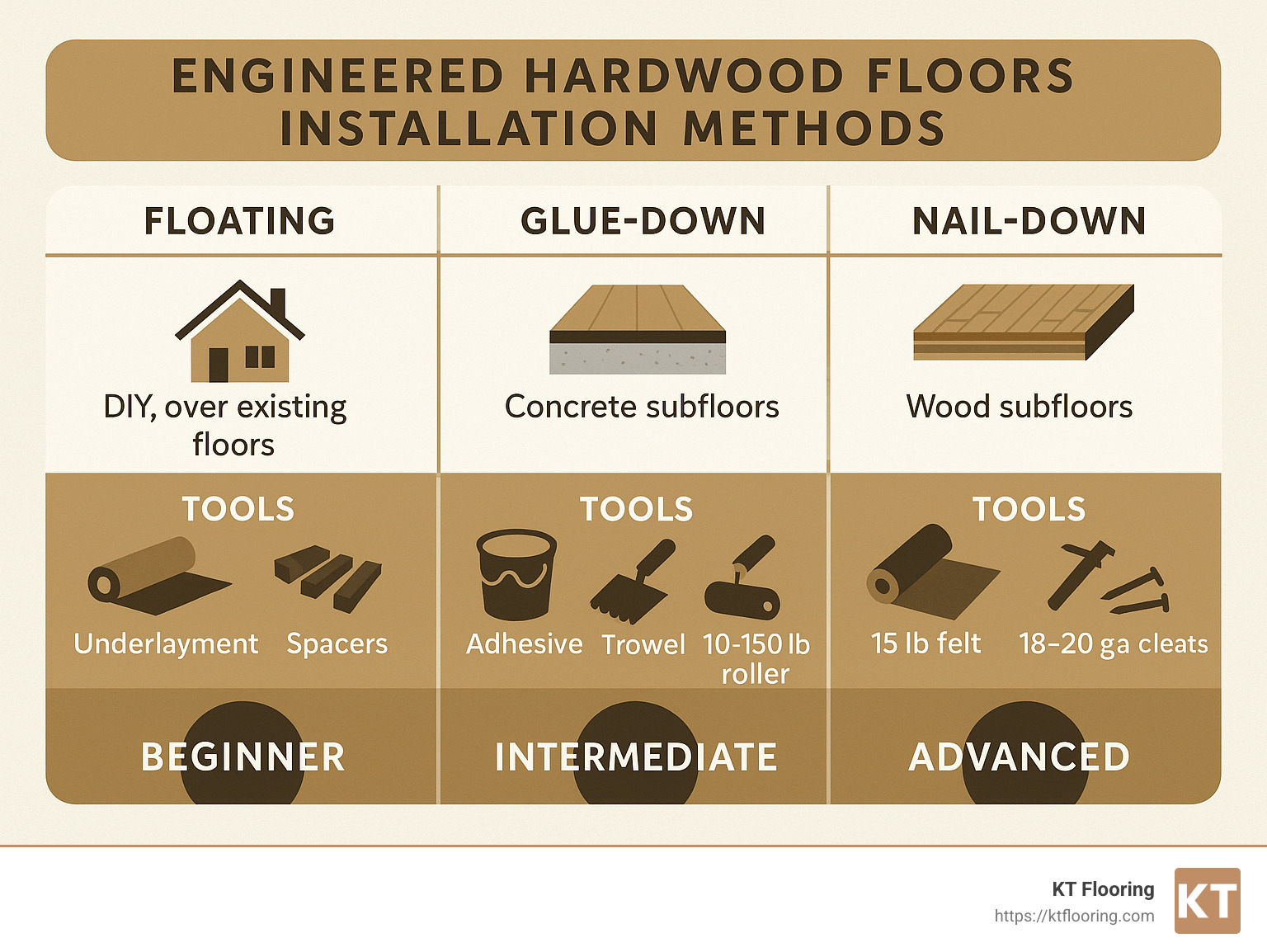 Engineered hardwood floors installation methods comparison showing floating, glue-down, and nail-down techniques with their advantages, required tools, and skill levels for a 30-day mastery timeline - engineered hardwood floors installation infographic Engineered hardwood floors installation methods comparison showing floating, glue-down, and nail-down techniques with their advantages, required tools, and skill levels for a 30-day mastery timeline - engineered hardwood floors installation infographic