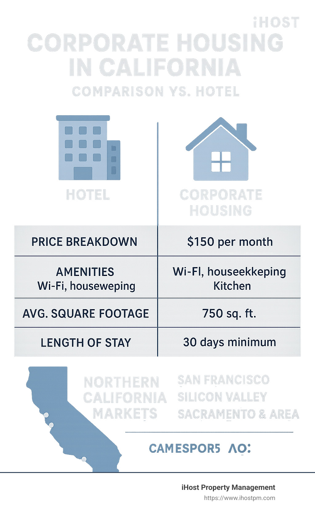 Corporate housing comparison showing hotel vs. corporate housing with price breakdown, amenities, average square footage, and length of stay requirements across Northern California markets including San Francisco, Silicon Valley, Sacramento and surrounding areas - Corporate housing in California infographic 