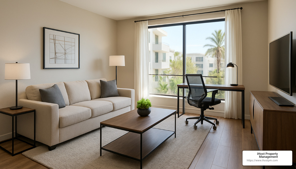 Corporate housing living room with dedicated workspace - Corporate housing in California