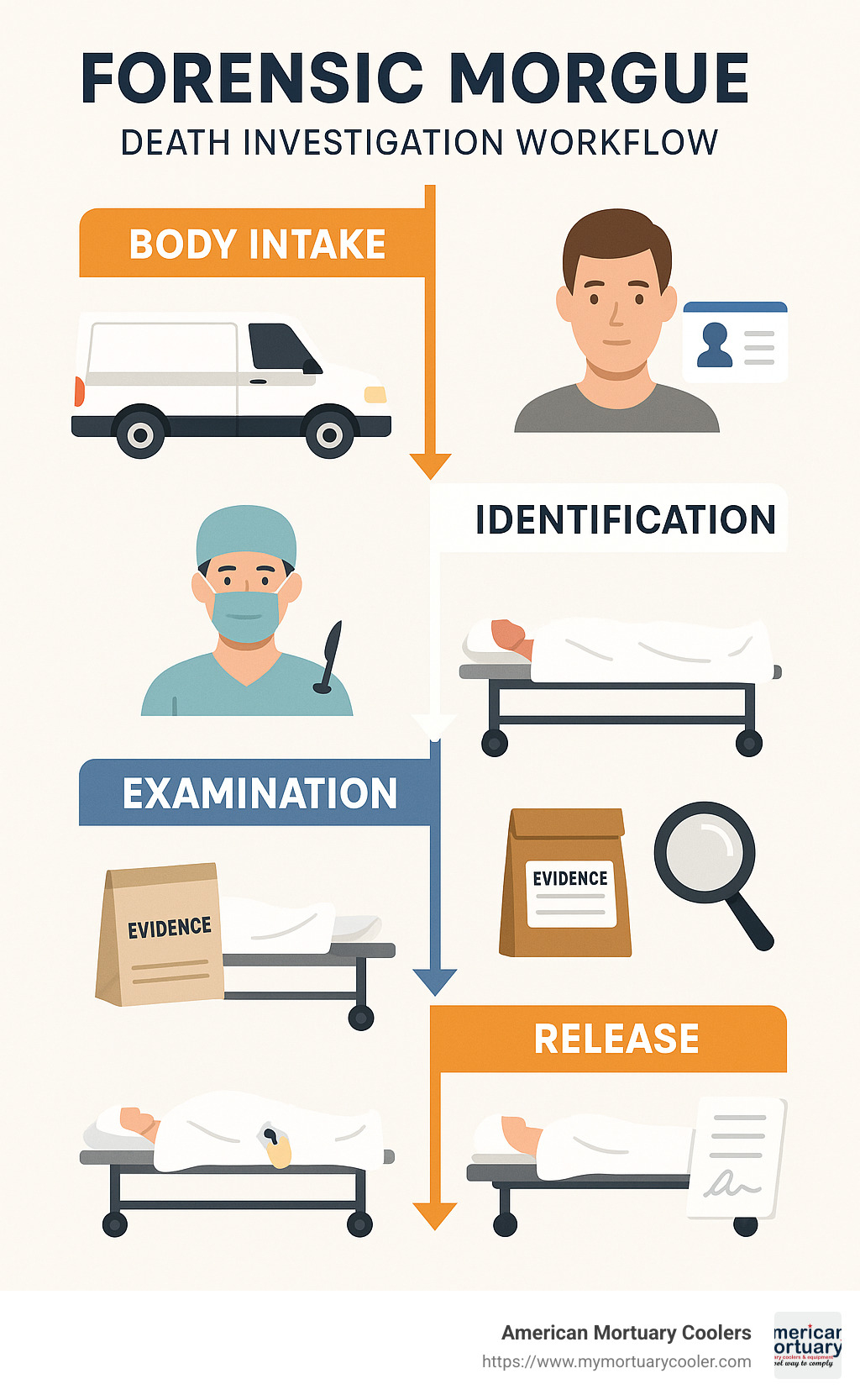 Forensic Morgue Death Investigation Workflow showing body intake, identification, examination, evidence collection, and release phases - Forensic Morgue infographic 