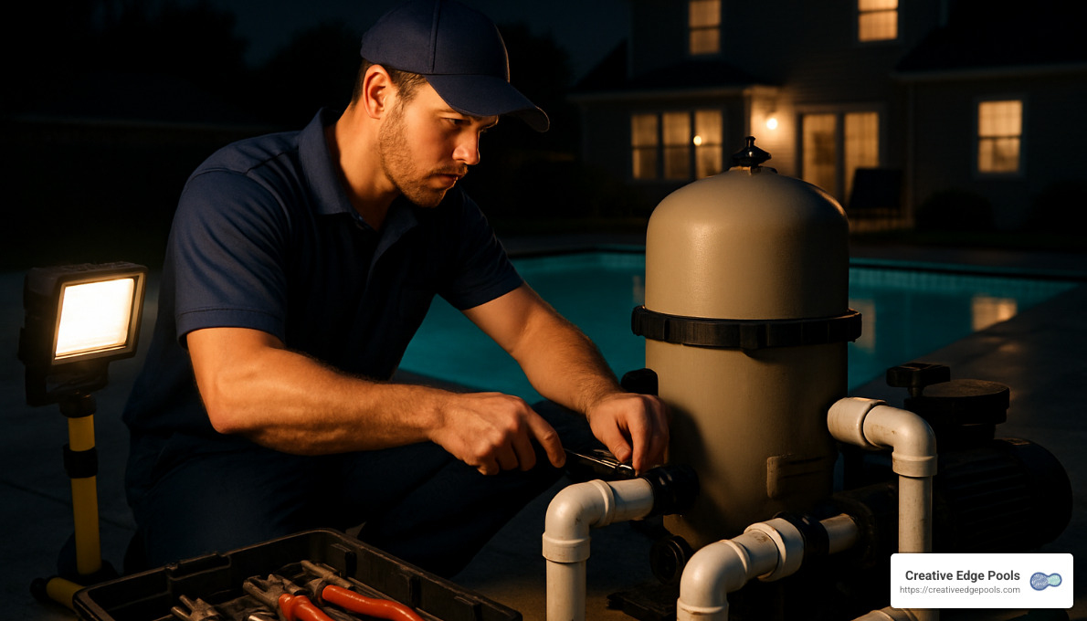 pool technician repairing equipment at night - pool pros