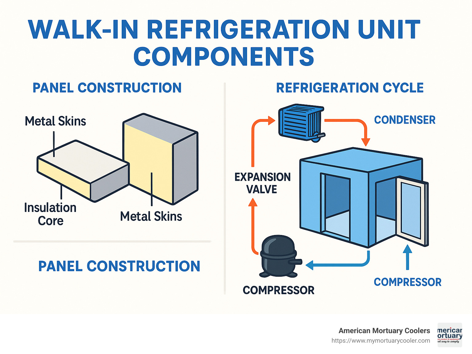 Walk-in refrigeration unit components showing the refrigeration cycle with compressor, condenser, expansion valve, and evaporator, plus panel construction with insulation core and metal skins - walk in refrigeration units infographic 