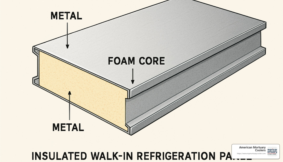 Cross-section of insulated walk-in panel showing foam core and metal skins - walk in refrigeration units