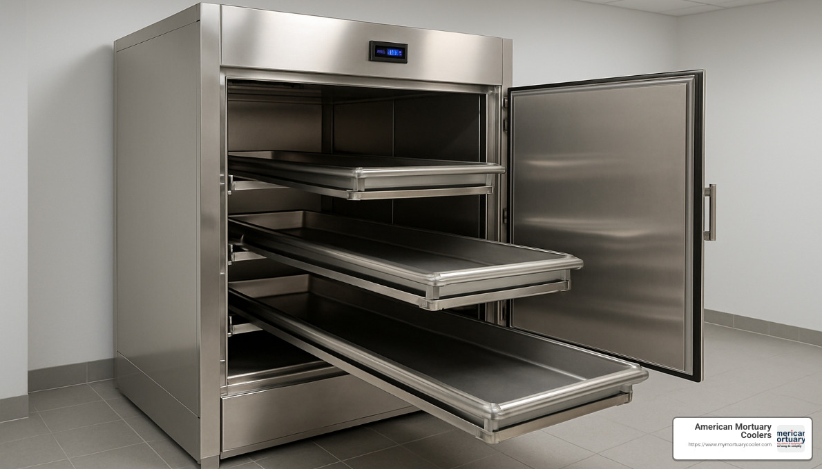 Multi-body U.S. mortuary rack system with telescoping rails - mortuary fridges prices