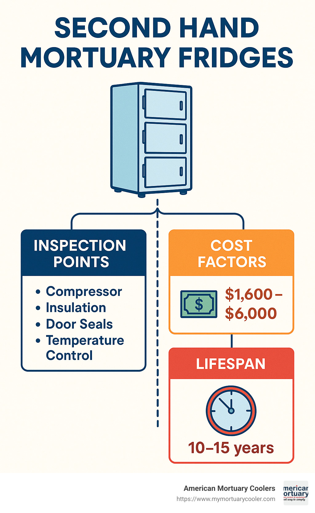 Detailed flowchart showing inspection points, cost factors, and lifespan expectations for second hand mortuary fridges - second hand mortuary fridges infographic 