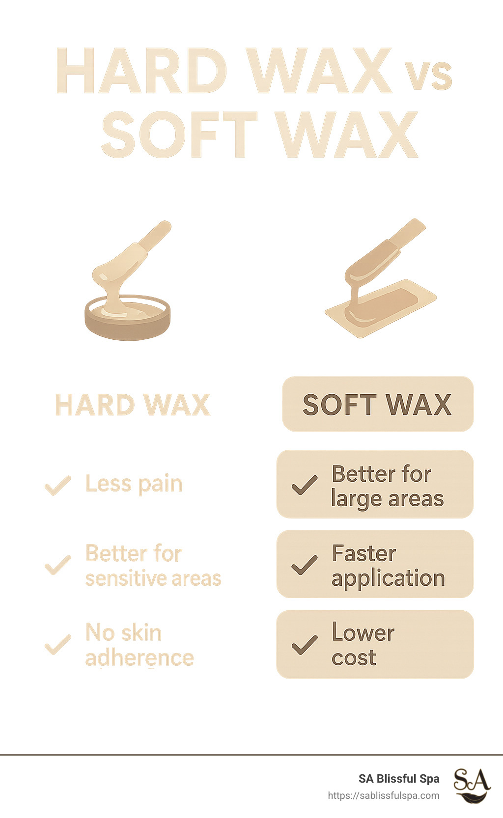 Comparison chart showing hard wax vs soft wax benefits with hard wax showing less pain, better for sensitive areas, and no skin adherence while soft wax shows better for large areas, faster application, and lower cost - Hard Waxing Salon Near Me infographic 