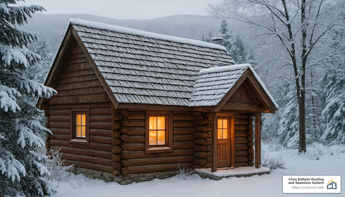 snow country cabin with metal-faced composite cedar roof - composite cedar shingles