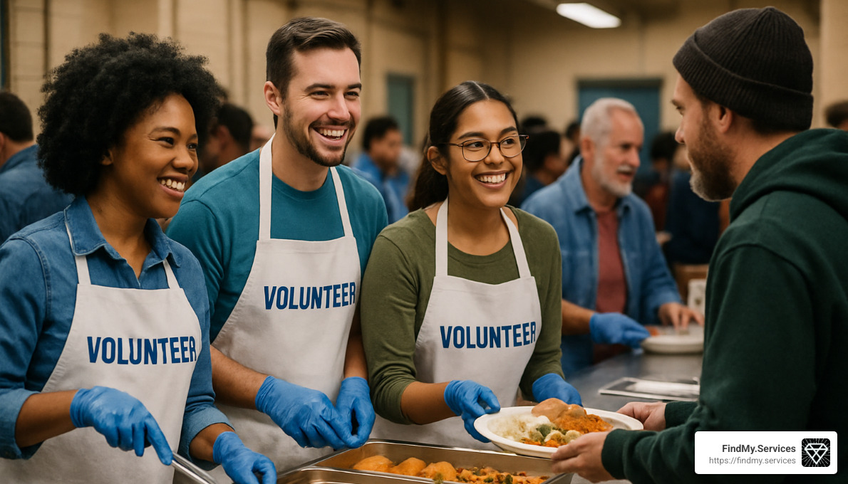 volunteers serving meals at community kitchen - nonprofit community service