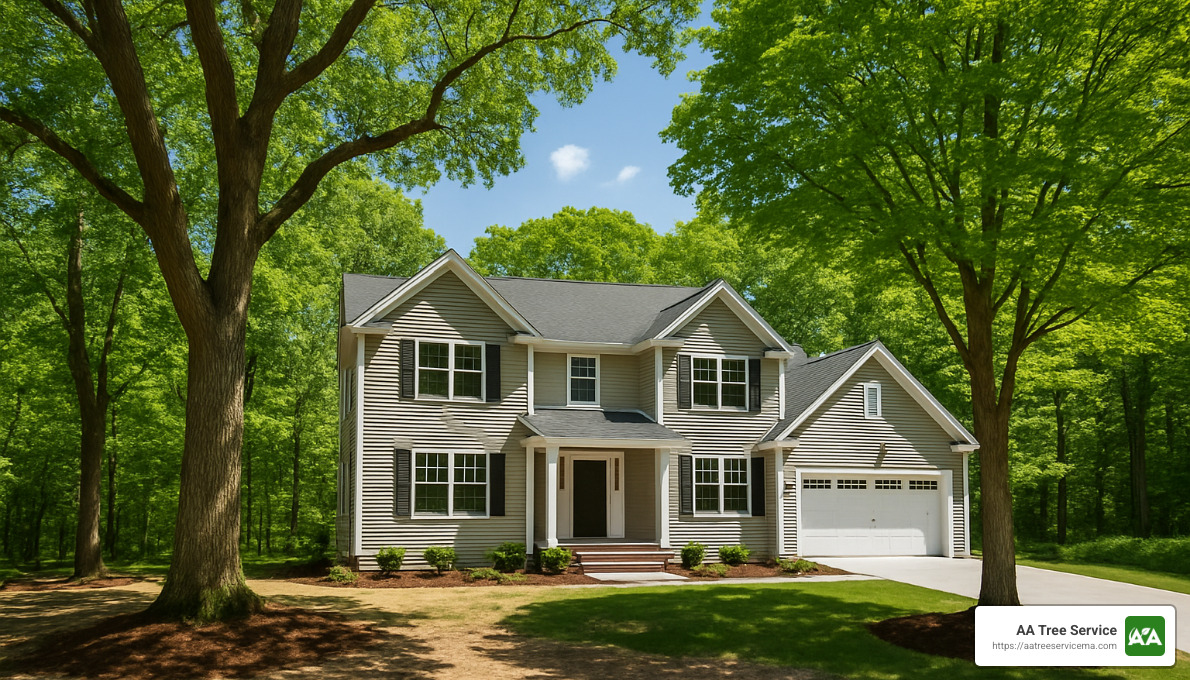 Tree preservation success story showing healthy mature trees around new construction - Tree preservation during construction