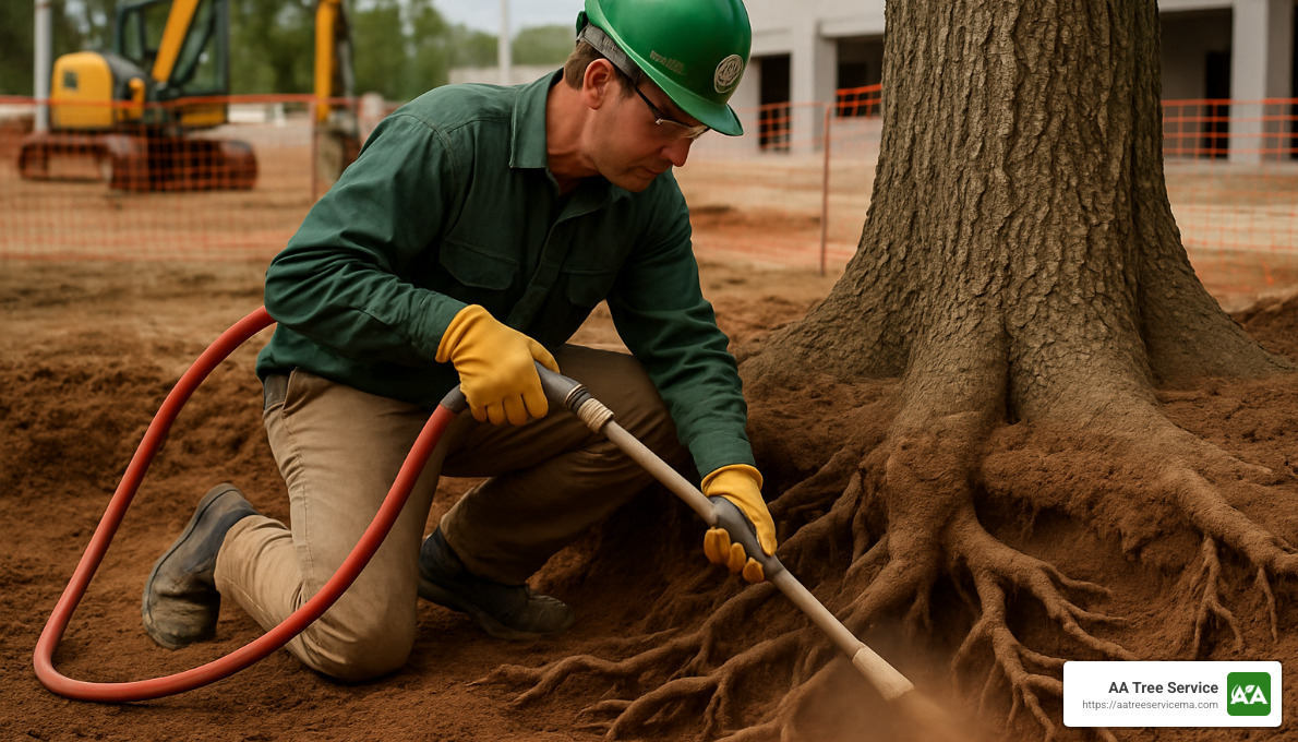 air spading around tree roots - Tree preservation during construction