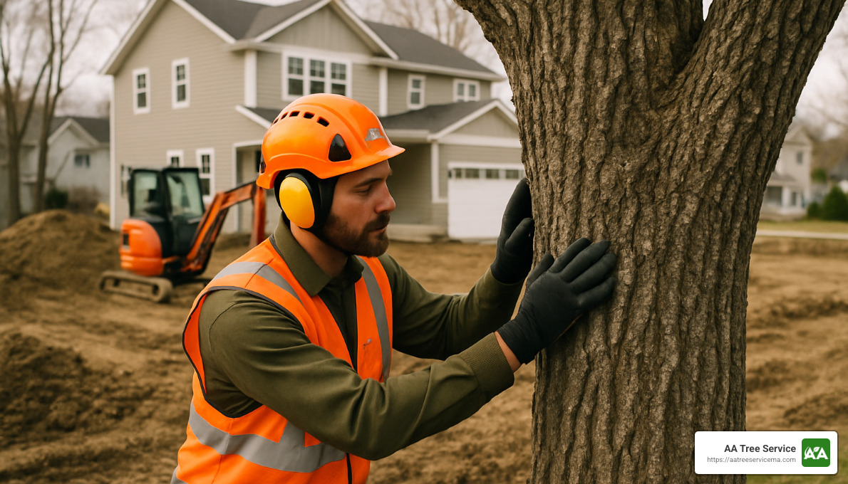 arborist inspecting tree after construction - Tree preservation during construction