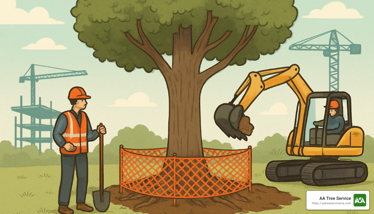 construction site with tree protection fencing - Tree preservation during construction
