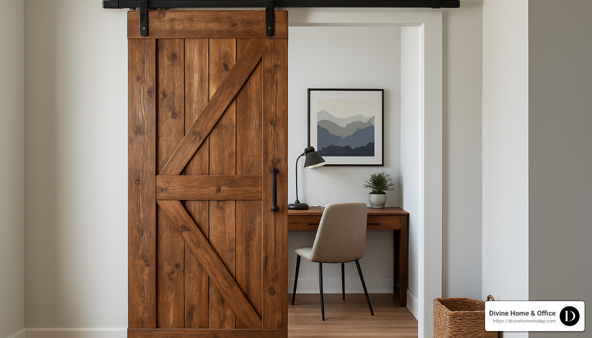 Rustic barn door installed over home office nook in Denver home - custom interior doors denver