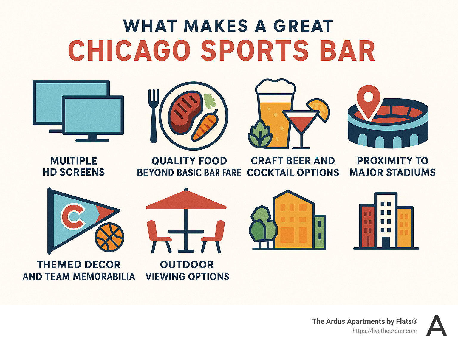 Infographic showing what makes a great Chicago sports bar: Multiple HD screens, Quality food beyond basic bar fare, Craft beer and cocktail options, Themed decor and team memorabilia, Outdoor viewing options, and Proximity to major stadiums - Best Chicago sports bars infographic 