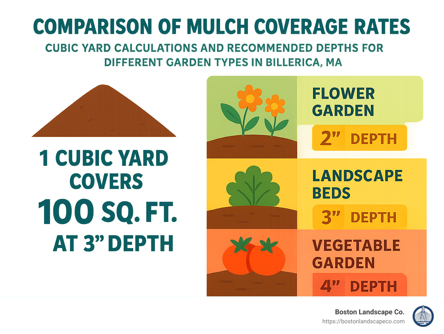 Comparison of mulch coverage rates showing cubic yard calculations and recommended depths for different garden types in Billerica MA - mulch billerica ma infographic 