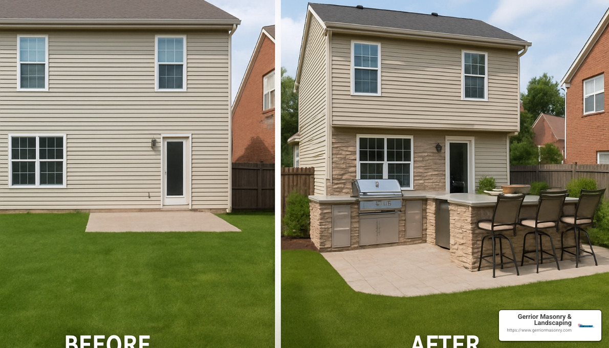 Crafting Culinary Perfection: Custom Outdoor Kitchen Insights 6 before and after change of a backyard with custom outdoor kitchen - customizable outdoor kitchen