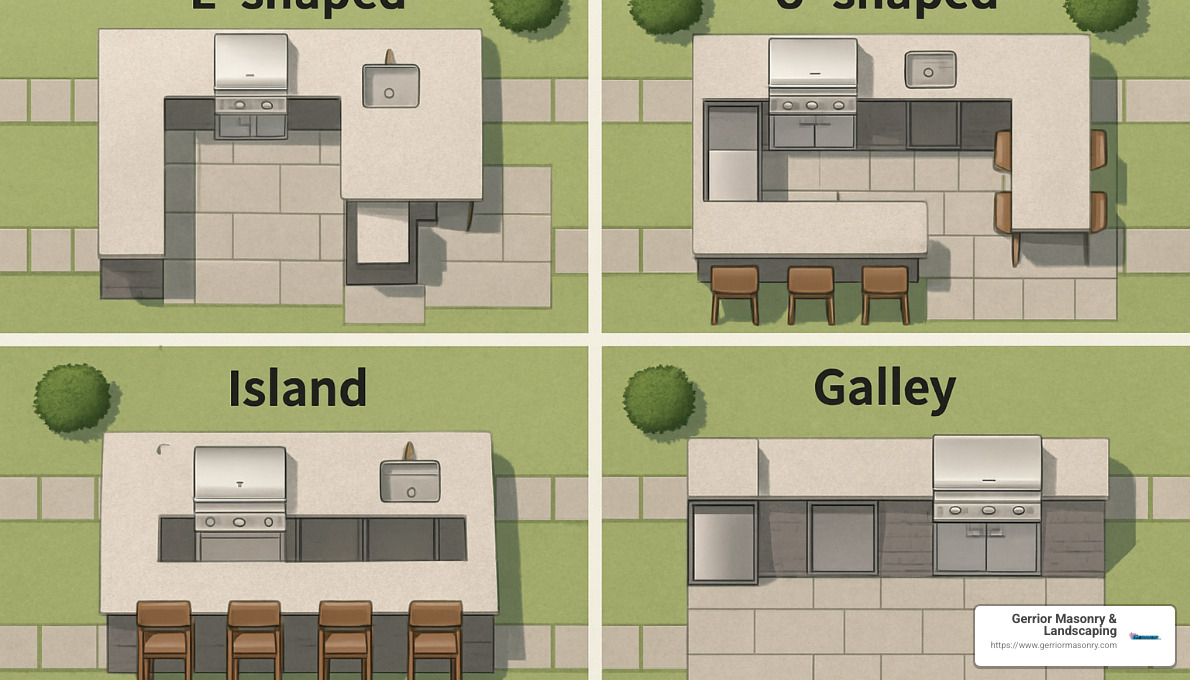 Crafting Culinary Perfection: Custom Outdoor Kitchen Insights 3 outdoor kitchen layout designs showing different configurations - customizable outdoor kitchen